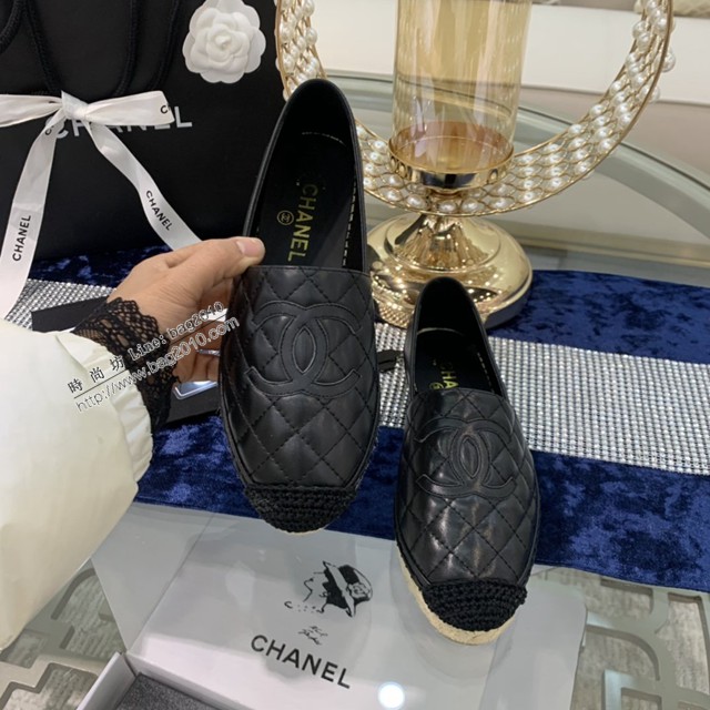 chanel2022最新頂級綿羊皮單鞋 香奈兒黑皮電繡拼色漁夫鞋 dx3521